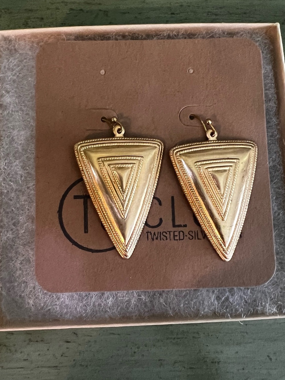 Twisted Silver Gold-Tone Triangular Textured Drop Earrings